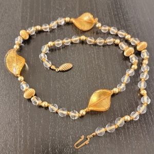 🔴 MURANO Vintage Italian Style Glass Beaded Necklace Clear Gold Brass